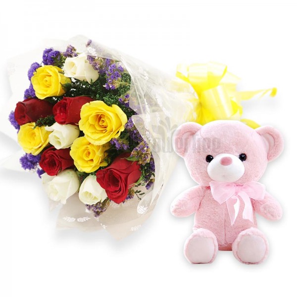 12 Assorted Roses with Teddy Bear (6 inches)